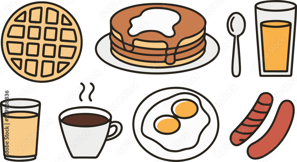 Breakfast Vector: Waffles, Pancakes, and Beverages Breakfast Vector: Waffles, Pancakes, and Beverages
