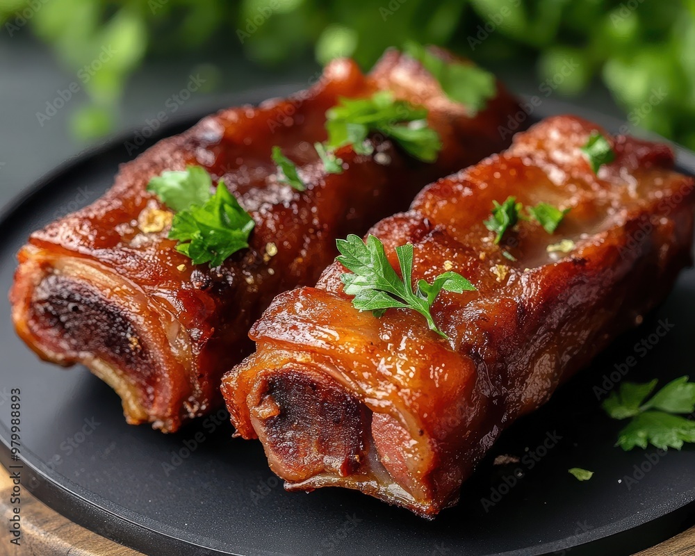 Pork trotters plated on black dish Pork trotters plated on black dish