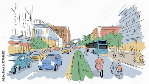 Urban Traffic Scene in Vector Style Illustration