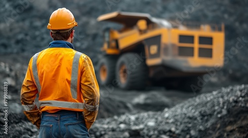 A man in a yellow safety vest stands in front of a large truck. The man is wearing a hard hat and is looking at the truck. The scene is set in a rocky area, and the man is a worker