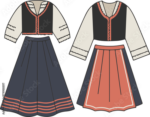 Vector Traditional Dresses with Skirts and Blouses