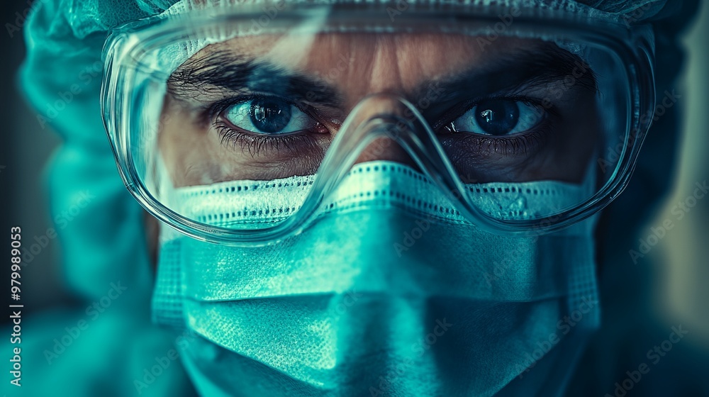 A man wearing a blue surgical mask and goggles. He has a serious look on his face. Concept of professionalism and focus A man wearing a blue surgical mask and goggles. He has a serious look on his face. Concept of professionalism and focus
