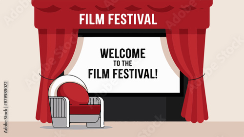 Film Festival Welcome Screen with Red Curtains and Chair