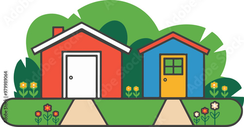 Colorful Houses Surrounded by Greenery and Flowers
