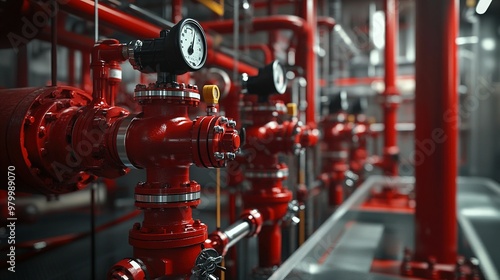 Close-up of Red Fire Suppression System Valves and Gauge