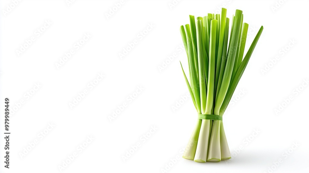 Fototapeta premium Close-up of green onions in a glass vase with stems protruding from top