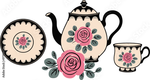 Vintage Floral Tea Set with Roses and Green Leaves