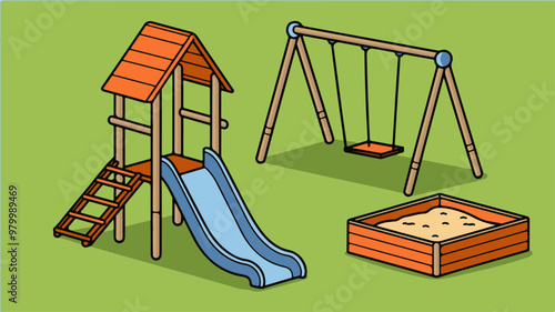Colorful Playground Equipment: Slide, Swing, and Sandbox