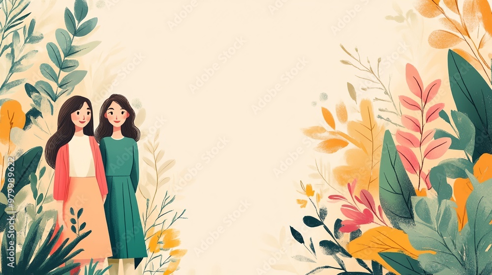 Two women are standing in a lush green forest. The women are smiling ...