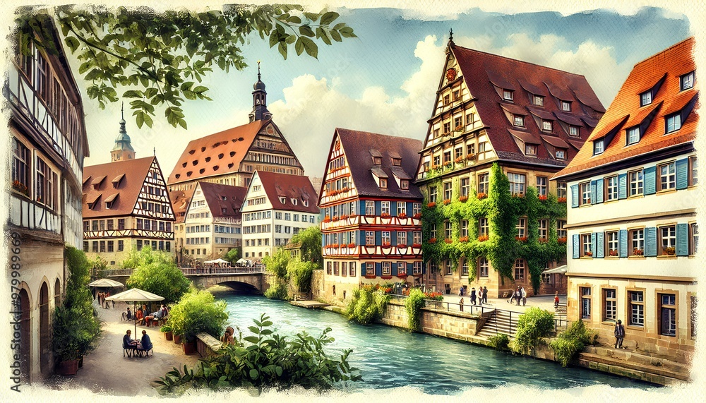 A watercolor painting of the University of Tübingen, featuring traditional German architecture, ivy-covered walls, and a serene campus. A watercolor painting of the University of Tübingen, featuring traditional German architecture, ivy-covered walls, and a serene campus.