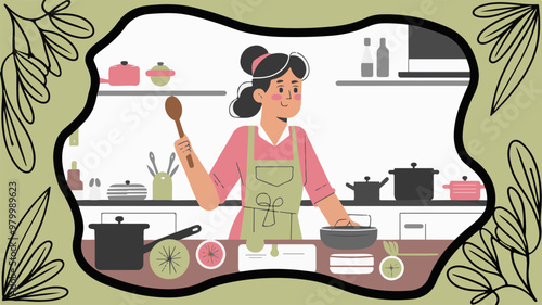 Illustration of Woman Cooking in a Modern Kitchen