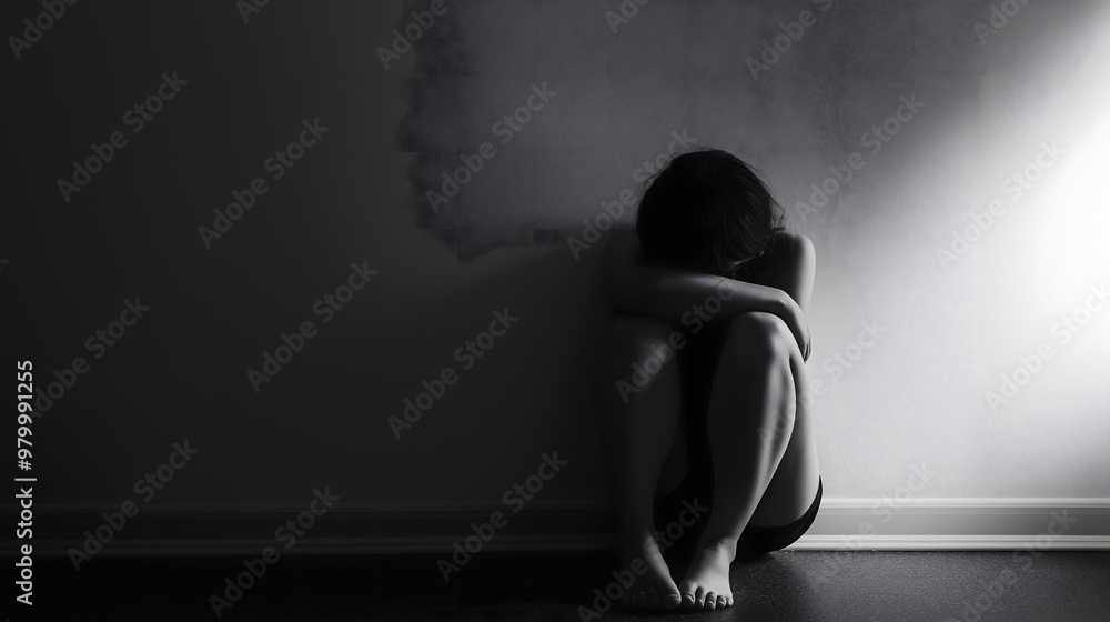Black and white image of a person sitting alone in a dark room with their knees drawn up to their chest and their head resting on their arms, conveying deep sadness, isolation and emotional distress. Black and white image of a person sitting alone in a dark room with their knees drawn up to their chest and their head resting on their arms, conveying deep sadness, isolation and emotional distress.