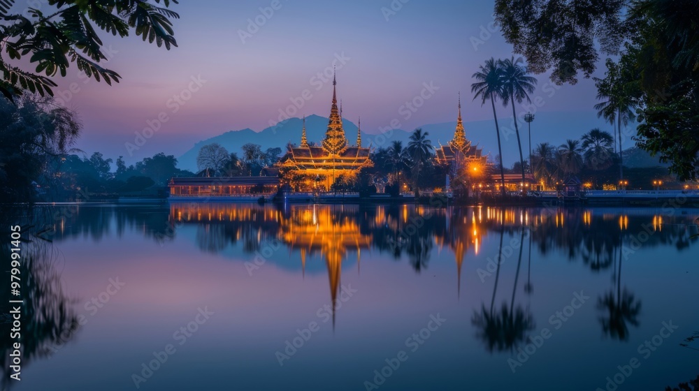 Fototapeta premium Serene Evening at a Tranquil Temple by the Water, Bathed in Golden Light and Reflection