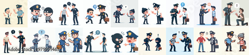 vector set of police scolding thieves with a flat design style, simple and minimalist white background