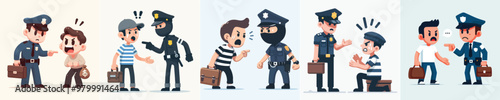 vector set of police scolding thieves with a flat design style, simple and minimalist white background