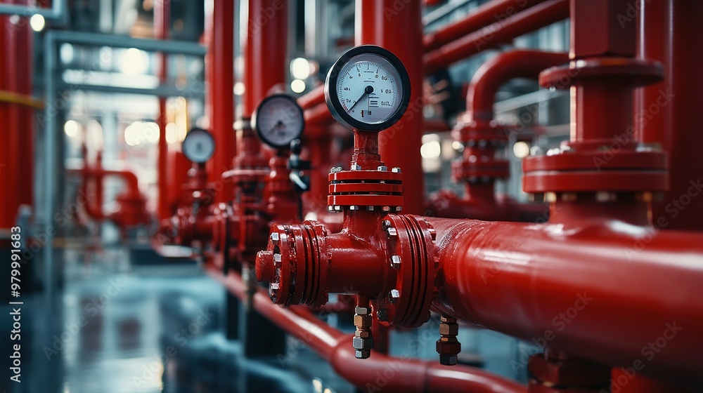 Closeup of Red Industrial Pipes with Pressure Gauge Closeup of Red Industrial Pipes with Pressure Gauge