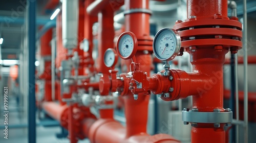 Red Industrial Pipes with Pressure Gauges and Valves