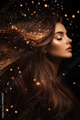 Beautiful woman with long, flowing brown hair, with golden glitter floating around her. Black background. 
