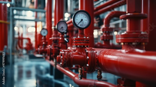 Closeup of Red Industrial Pipes with Pressure Gauge