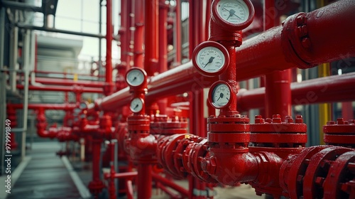 Red Industrial Pipes and Gauges in a Factory Setting