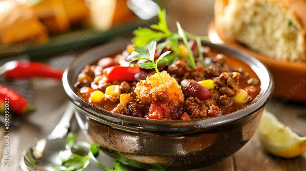 a bowl of chili with cornbread, food photography, a bowl of chili with cornbread, food photography,