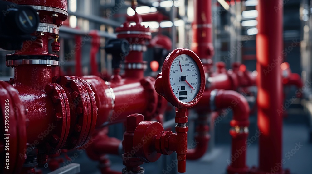 Red Industrial Pipes and Pressure Gauge Red Industrial Pipes and Pressure Gauge