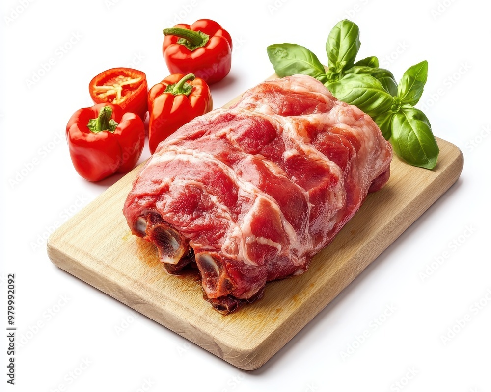 Slow roasted marinated pork with peppers ready to cook on cutting board Slow roasted marinated pork with peppers ready to cook on cutting board