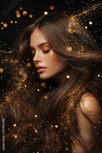 Beautiful woman with long, flowing brown hair, with golden glitter floating around her. Black background. 