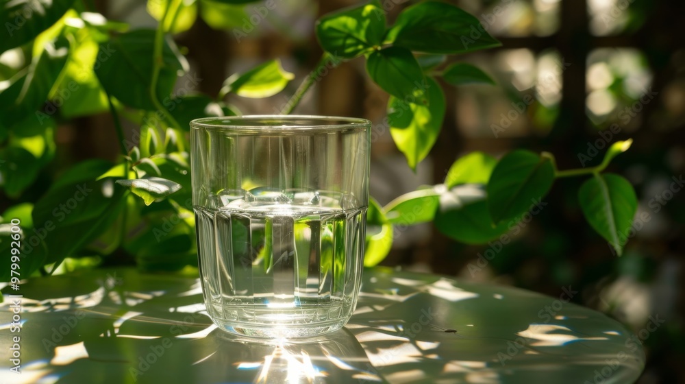 Clear glass of water sits on a table surrounded by lush green leaves and sunlight. A refreshing drink in a peaceful setting. Clear glass of water sits on a table surrounded by lush green leaves and sunlight. A refreshing drink in a peaceful setting.
