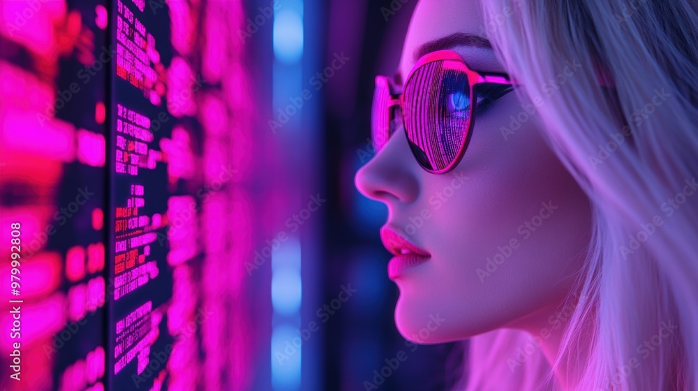 A woman with sunglasses looking at a computer screen, AI A woman with sunglasses looking at a computer screen, AI