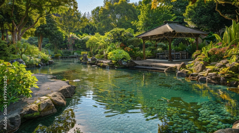 Serene Garden Landscape with Peaceful Pond and Pavilion in Lush Greenery