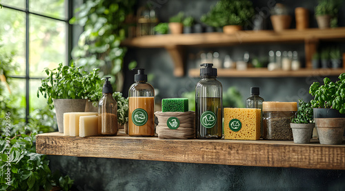 “Photo of Eco-Friendly Cleaning Products with Recyclable Packaging, Showcasing Sustainable Solutions for a Cleaner Home and a Greener Planet, Emphasizing Environmental Responsibility and Eco-Conscious