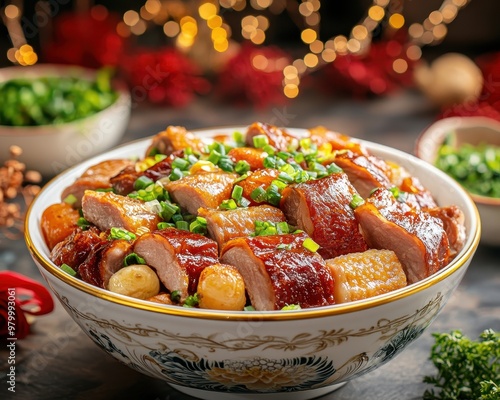 Taiwanese pork knuckle in white bowl for Lunar New Year meal photo