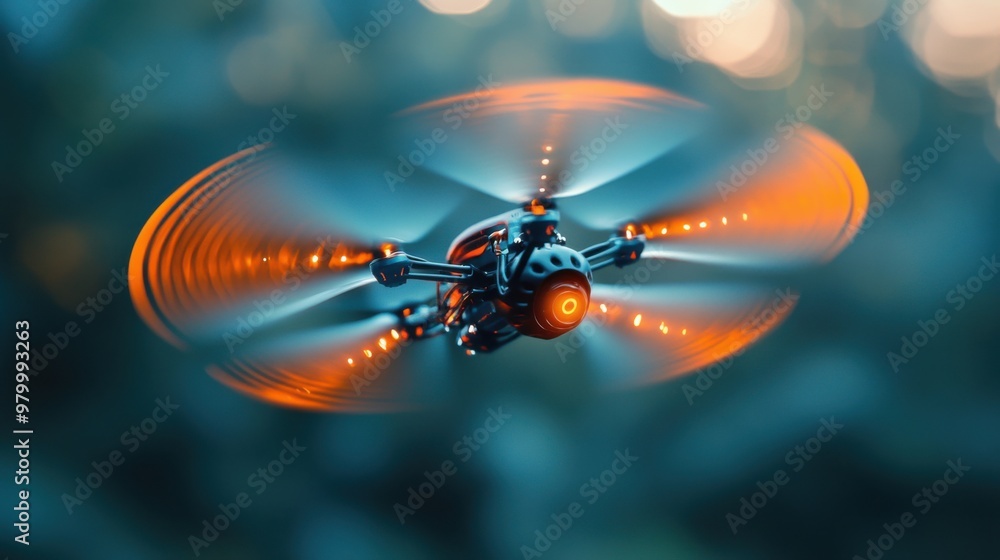 Fototapeta premium Creative High-Tech Drone in Flight at Sunset with Vibrant Lights and Blurred Background.