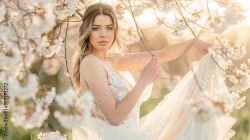 Ethereal Beauty in Cherry Blossoms: A Serene Portrait Captured in Soft Light