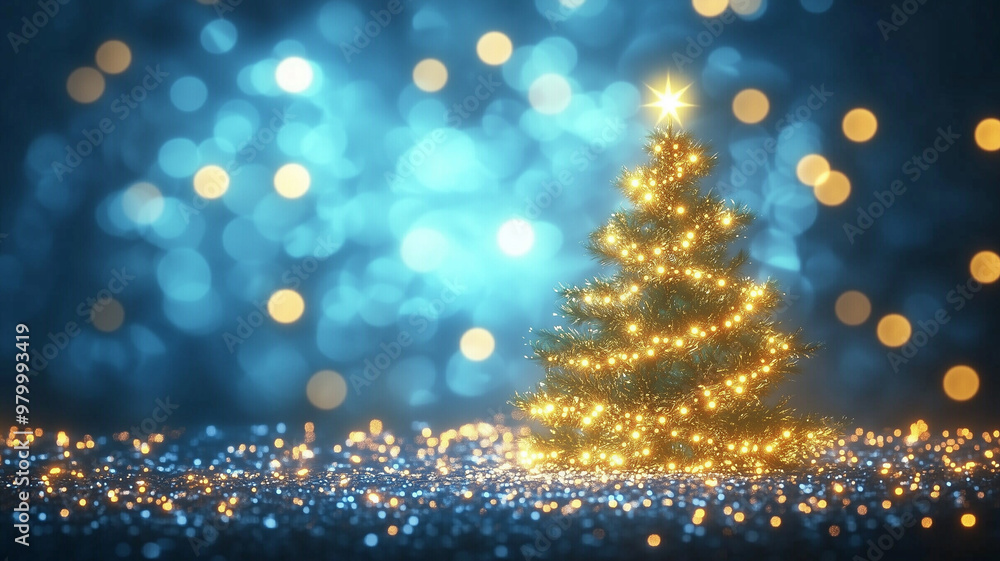 A sparkling Christmas tree against a blue background with shimmering lights. Perfect for holiday designs and social media posts. A sparkling Christmas tree against a blue background with shimmering lights. Perfect for holiday designs and social media posts.