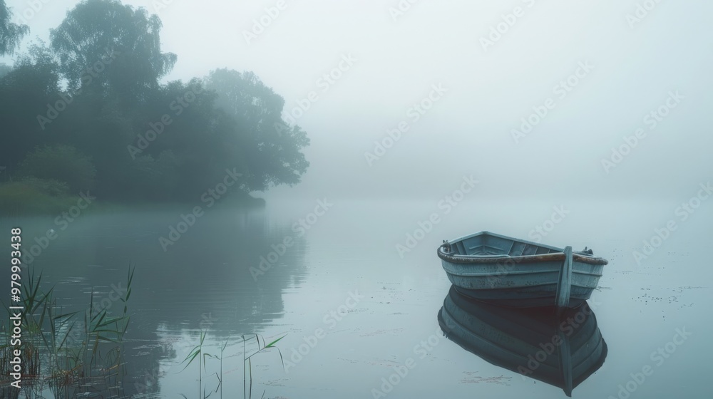 Serene Boat in Misty Water: A Calm Morning on the Foggy Lake Serene Boat in Misty Water: A Calm Morning on the Foggy Lake
