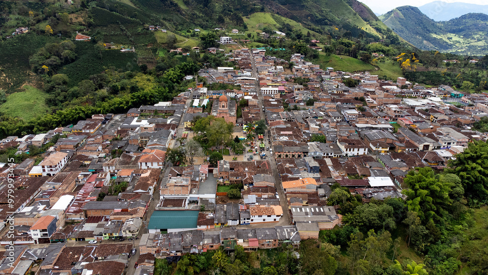 Pueblorrico, Antioquia - Colombia - July 21, 2024. Aerial photograph with drone of the municipality, 120.6 km away from the city of Medellin. Pueblorrico, Antioquia - Colombia - July 21, 2024. Aerial photograph with drone of the municipality, 120.6 km away from the city of Medellin.