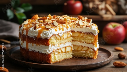 Tasty cake with apple whipped cream caramel almond toppings