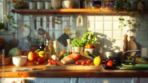 Bright Kitchen Scene with Fresh Ingredients and Colorful Produce for Cooking