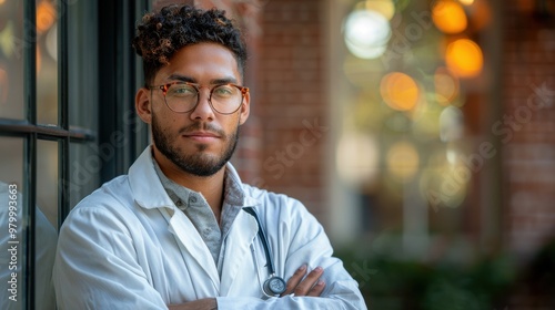 Young male doctor standing confidently outside a clinic during the day, wearing a white coat and eyeglasses with a stethoscope around his neck