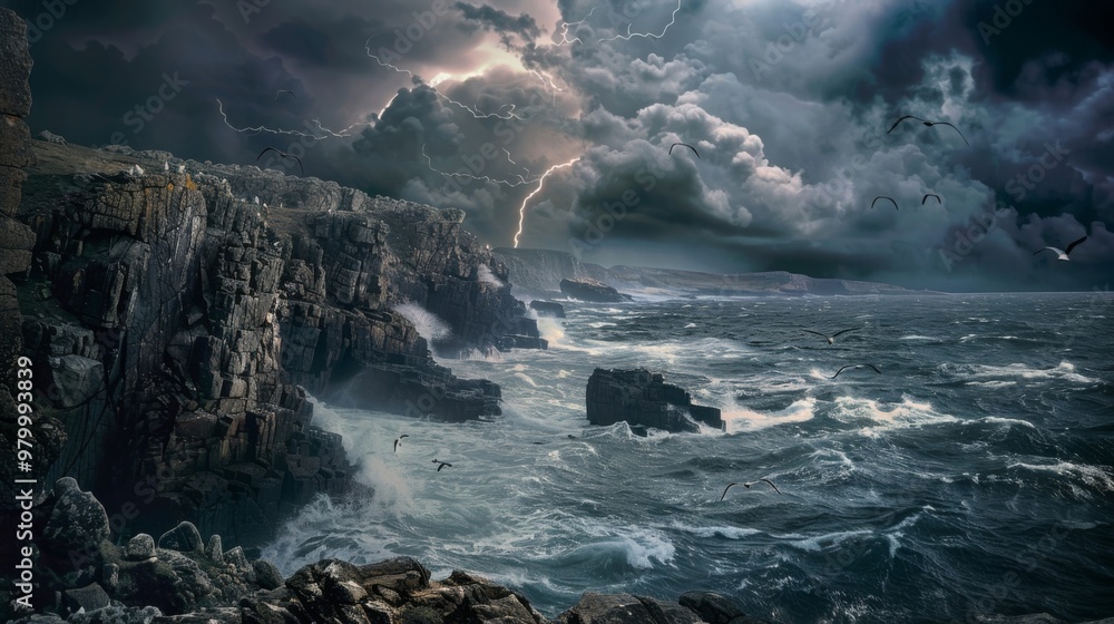 Fototapeta premium Stormy Seascape with Crashing Waves and Dark Clouds Over Rocky Cliffs
