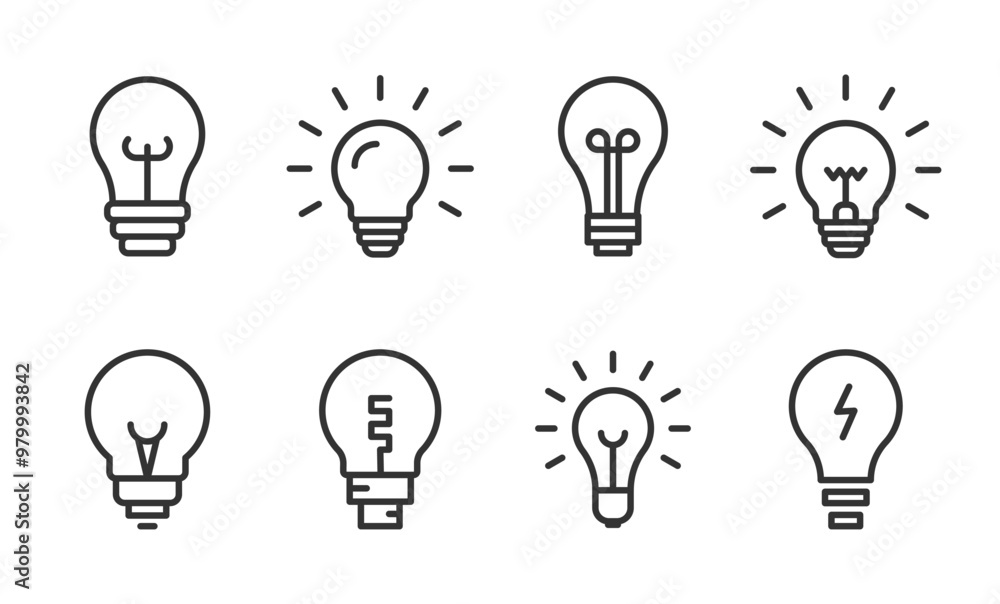 Set of light bulb icon. Electric lamp, light, innovation, solution, creative thinking, electricity. Idea symbol. Editable stroke. Сollection of light bulb outline symbols. Vector illustration. Set of light bulb icon. Electric lamp, light, innovation, solution, creative thinking, electricity. Idea symbol. Editable stroke. Сollection of light bulb outline symbols. Vector illustration.