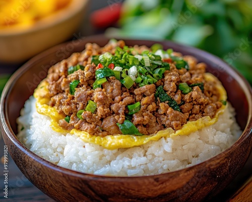 Thai street food khao kai jeaw moo sab rice with minced pork omelet photo