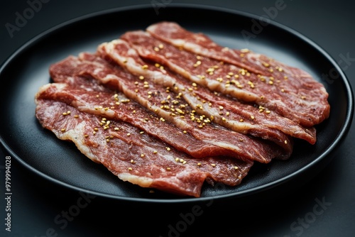 Thinly sliced beef tongue Japanese and Korean rare beef for grilling on a black plate isolated on a black background