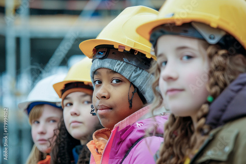 Group of diverse children wearing safety helmets at a construction site during an educational field trip