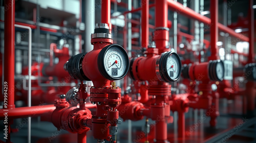Close-up of Red Industrial Valves and Gauges Close-up of Red Industrial Valves and Gauges