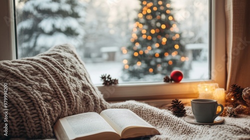 A cozy nook by the window with an open book and warm pillow, overlooking a snowy winter forest outside.