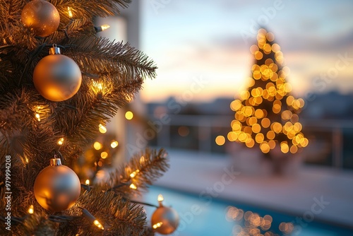 Wallpaper Mural A beautifully decorated Christmas tree adorned with golden ornaments and warm fairy lights stands by a pool, glowing in the twilight. Torontodigital.ca