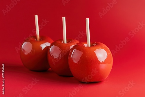 Toffee apples on red background